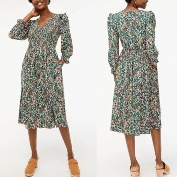 J Crew Smocked V Neck Long Sleeve Micro Floral Ruffle Midi Dress Green Size M - Picture 3 of 12